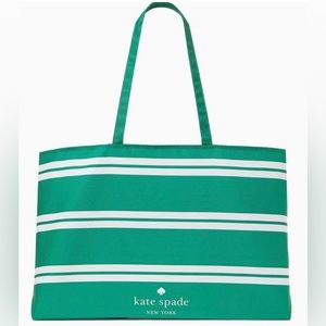 Kate Spade XL Canvas Tote Reusable Shopping Beach/Pool Bag In Green Stripes